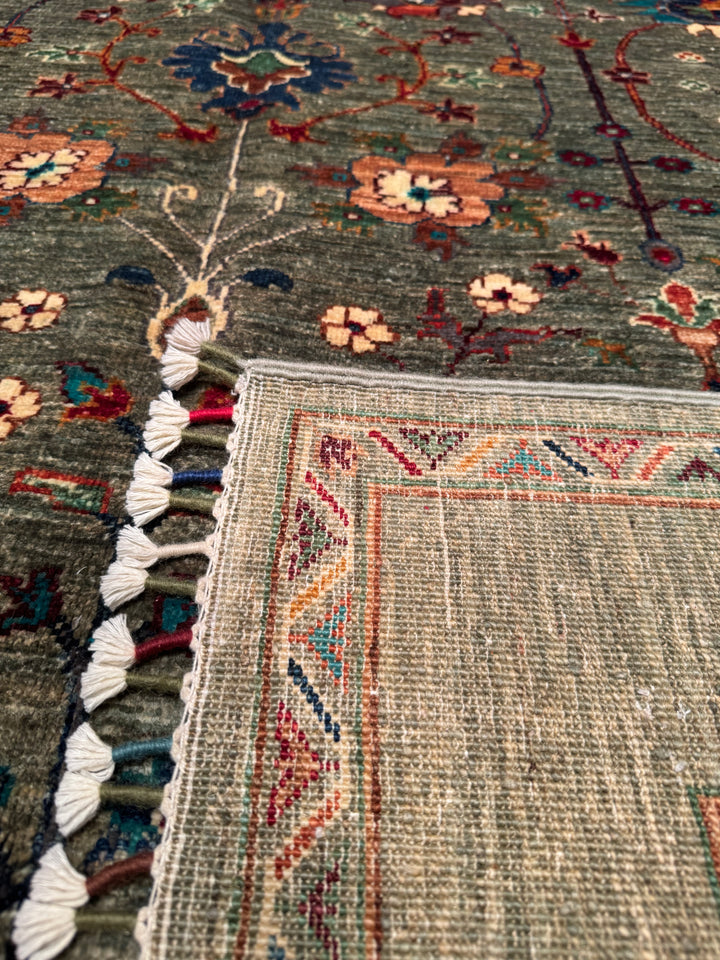 Sultani Floral Original Hand Woven Green Vegetable Dyed Wool Carpet 151x201 3.04 Square Meters - 5x6 ft