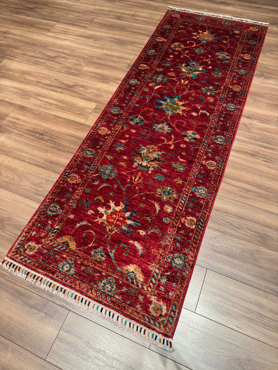 Sultani Binbirgece Runner Original Hand-Woven Red Vegetable Dyed Wool Carpet 0.82x233 1.91 Square Meters - 3x6 ft