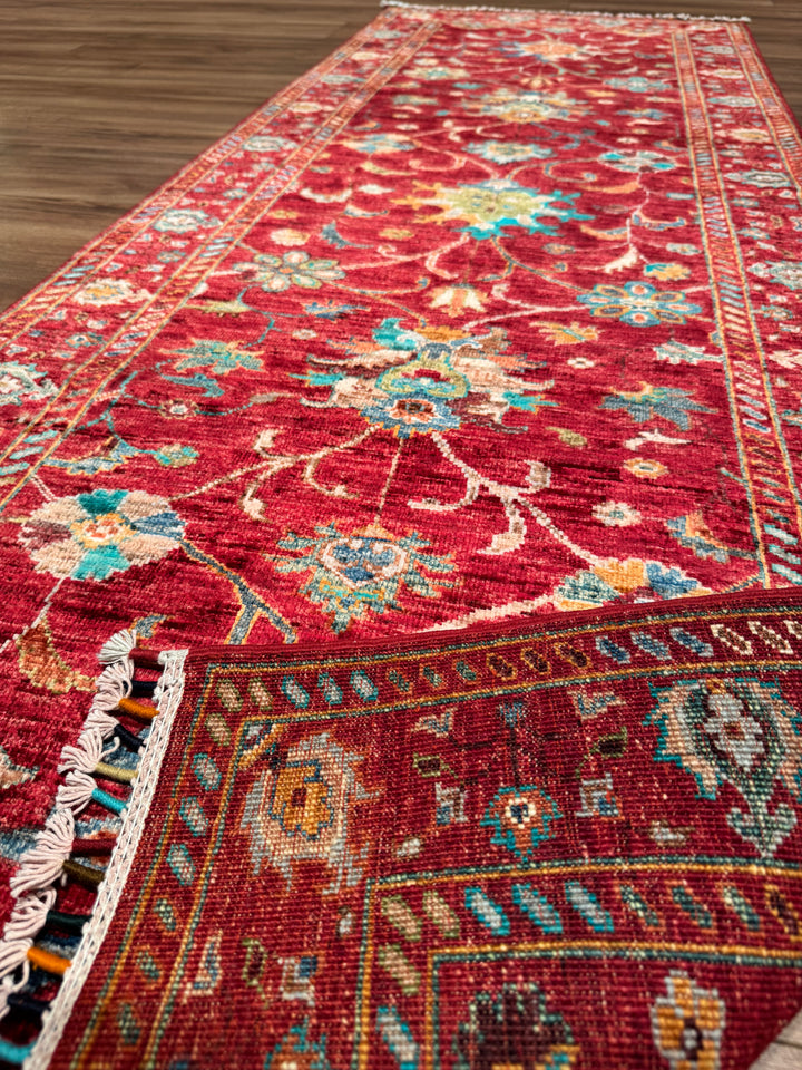 Sultani Binbirgece Runner Original Hand-Woven Red Vegetable Dyed Wool Carpet 0.82x233 1.91 Square Meters - 3x6 ft