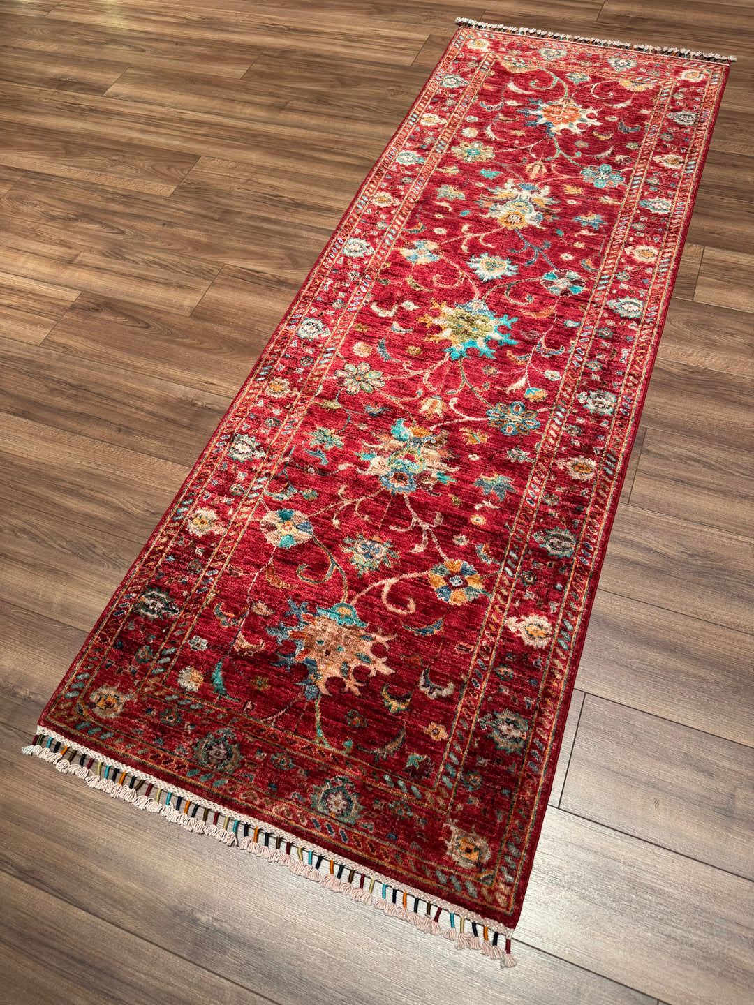Sultani Binbirgece Runner Original Hand-Woven Red Vegetable Dyed Wool Carpet 0.82x233 1.91 Square Meters - 3x6 ft