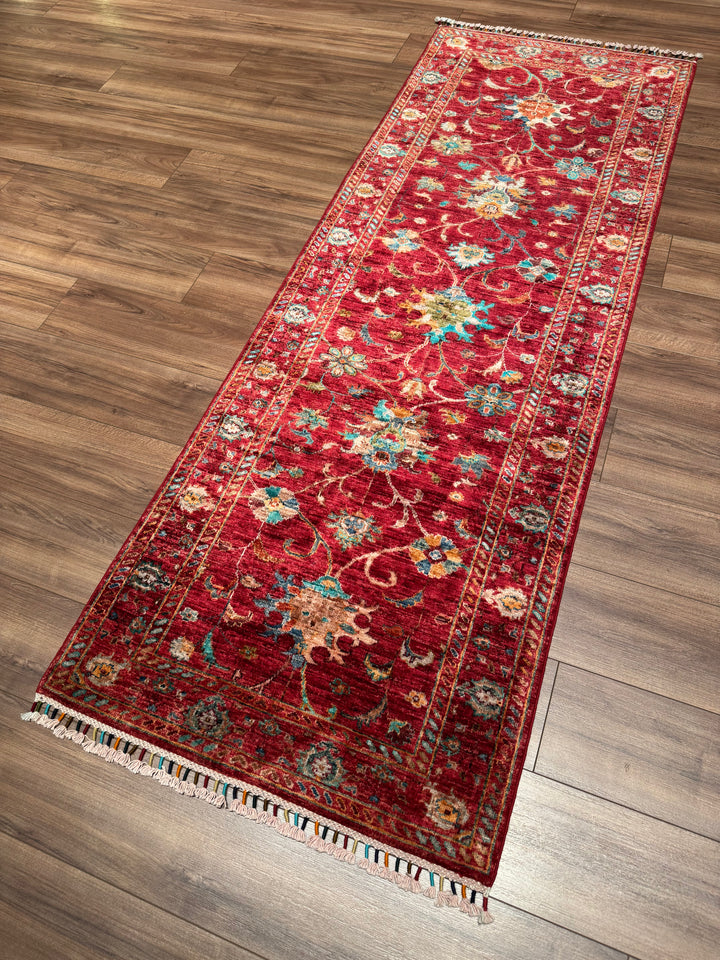 Sultani Binbirgece Runner Original Hand-Woven Red Vegetable Dyed Wool Carpet 0.82x233 1.91 Square Meters - 3x6 ft