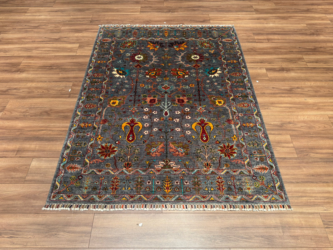 Sultani Floral Original Hand Woven Gray Vegetable Dyed Wool Carpet 152x198 3.01 Square Meters - 5x6 ft