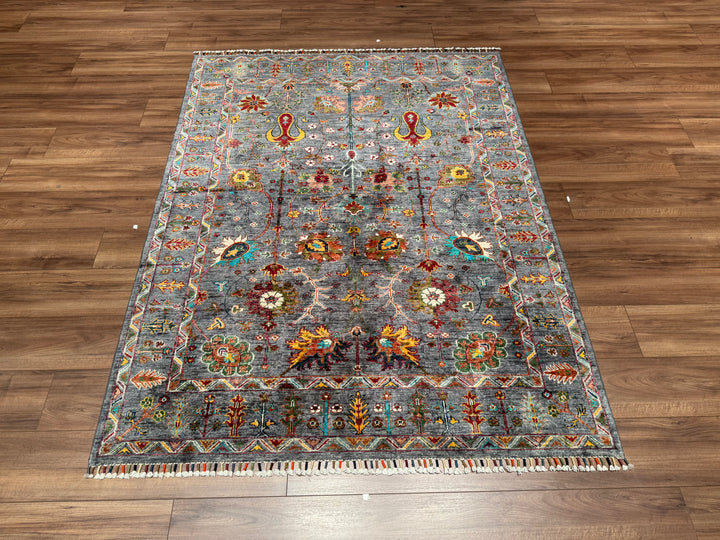 Sultani Floral Original Hand Woven Gray Vegetable Dyed Wool Carpet 152x198 3.01 Square Meters - 5x6 ft