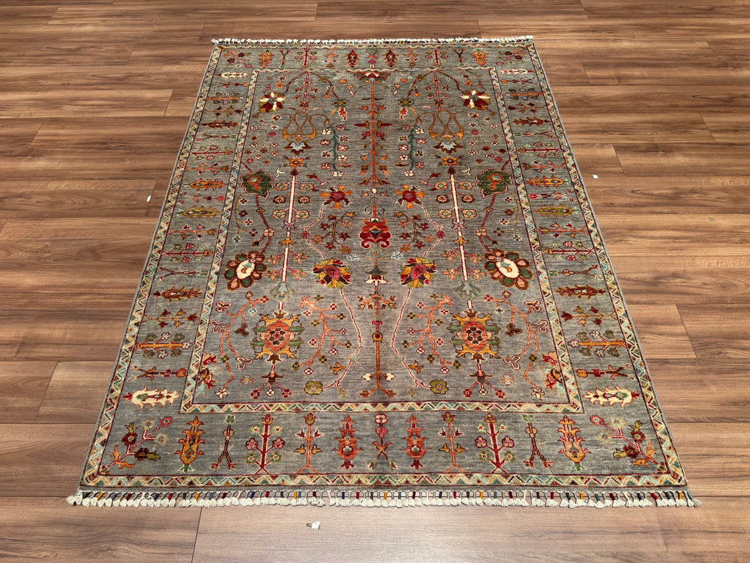 Sultani Çiçekli Orjinal El Dokuması Gri Kök Boya Yün Halı 155x206 3.19 Metrekare - 5x6 ft