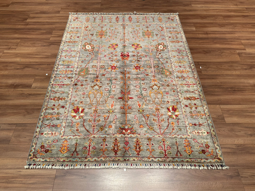 Sultani Çiçekli Orjinal El Dokuması Gri Kök Boya Yün Halı 155x206 3.19 Metrekare - 5x6 ft