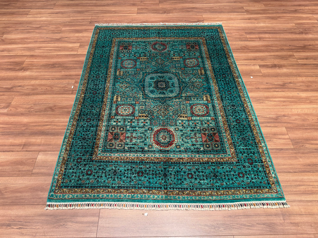 Mamluk Original Hand Woven Turquoise Vegetable Dyed Wool Carpet 152x207 3.15 Square Meters - 5x6 ft