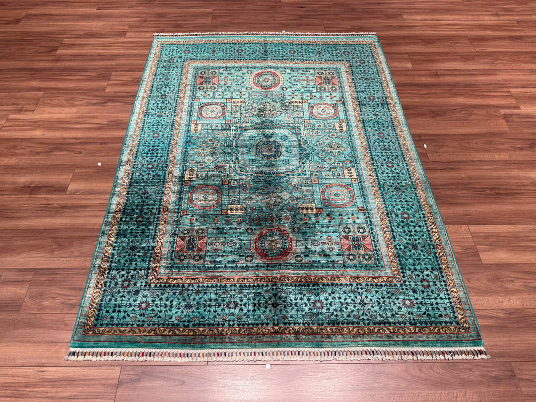 Mamluk Original Hand Woven Turquoise Vegetable Dyed Wool Carpet 152x207 3.15 Square Meters - 5x6 ft