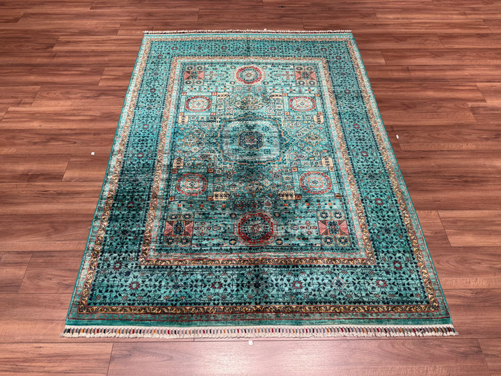 Mamluk Original Hand Woven Turquoise Vegetable Dyed Wool Carpet 152x207 3.15 Square Meters - 5x6 ft