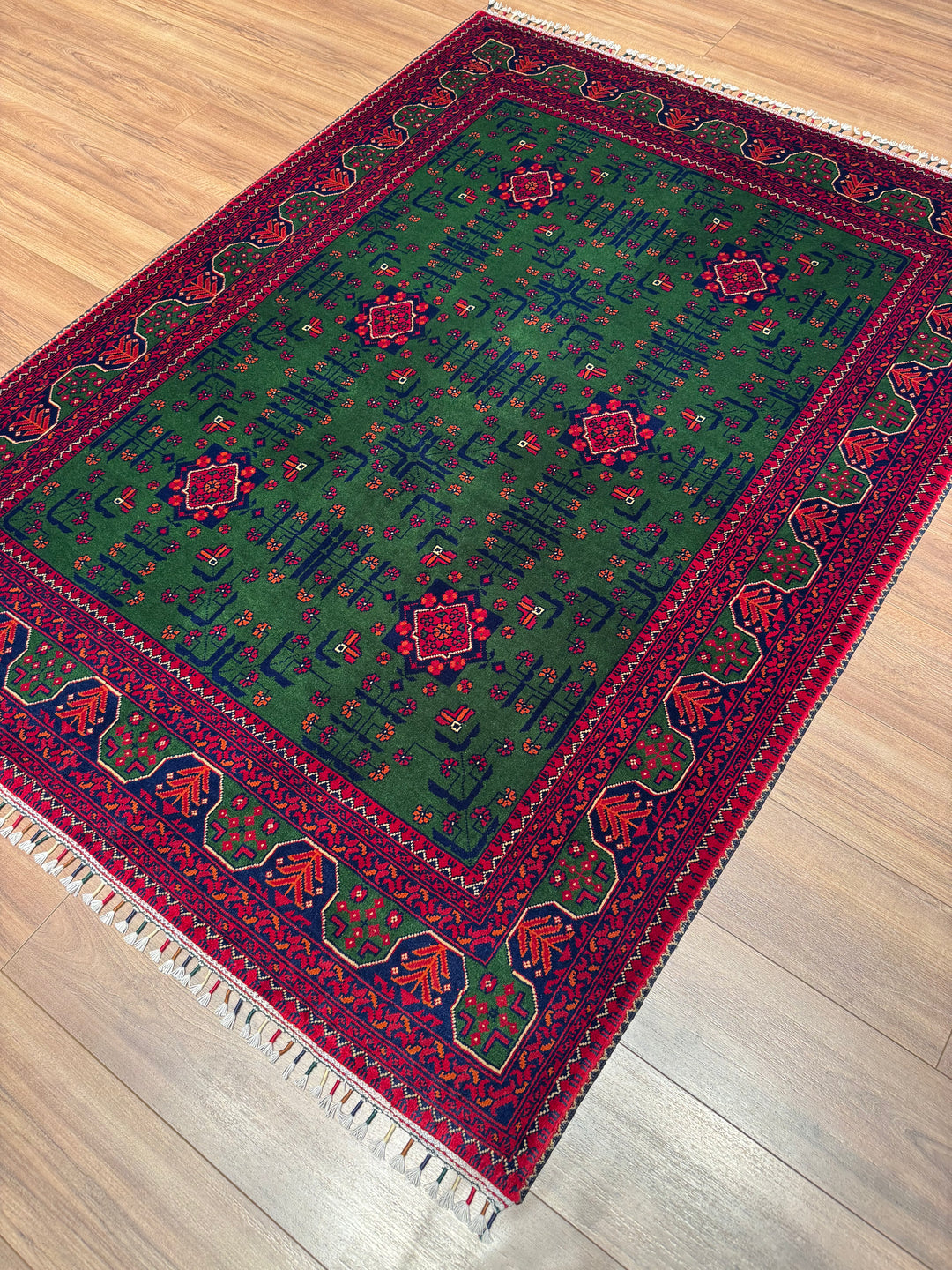 Afghan Carpet Green Hamyap Original Hand-Woven Vegetable Dyed Wool 148x201 2.97 Square Meters - 4x6 ft