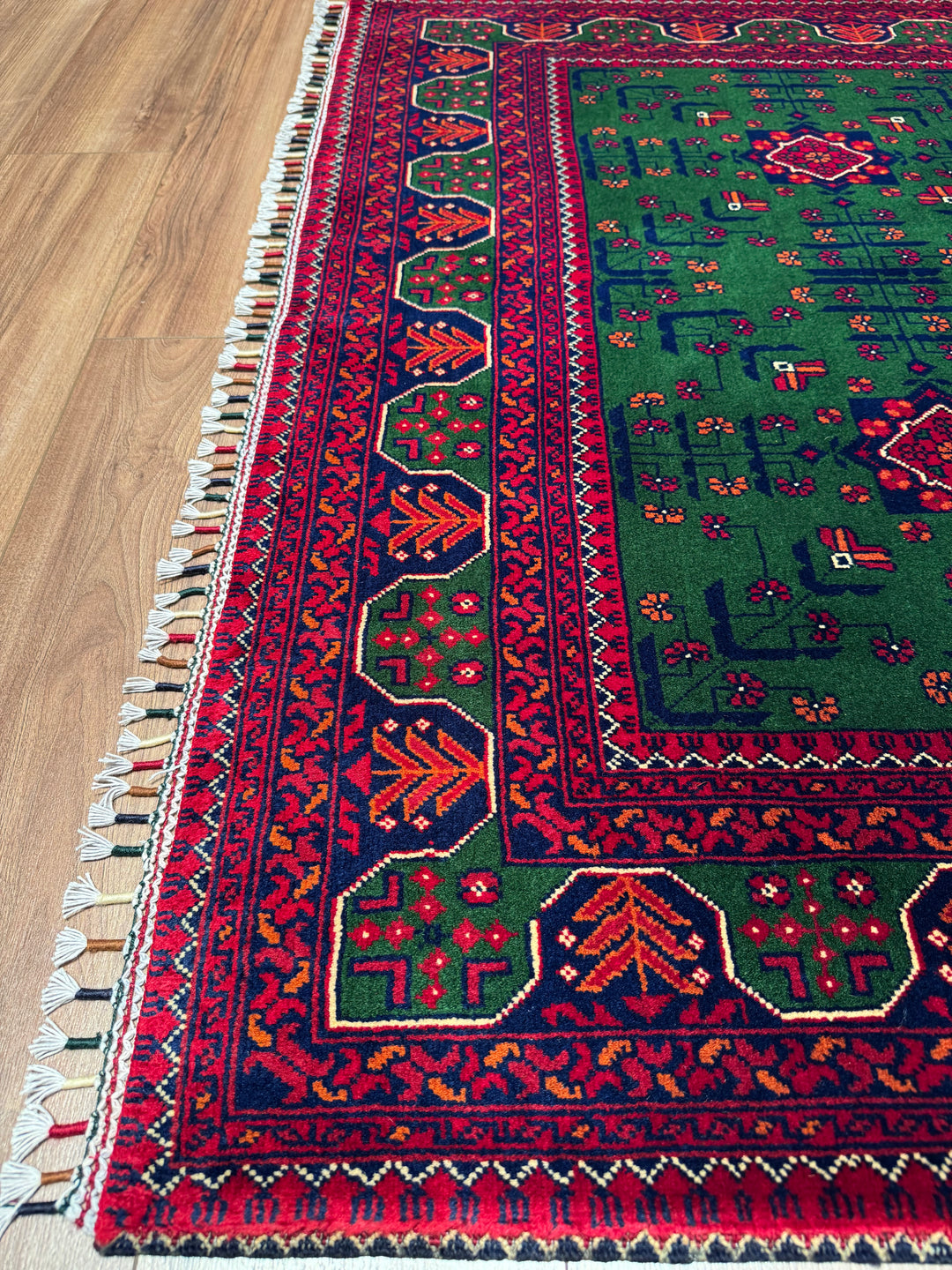 Afghan Carpet Green Hamyap Original Hand-Woven Vegetable Dyed Wool 148x201 2.97 Square Meters - 4x6 ft
