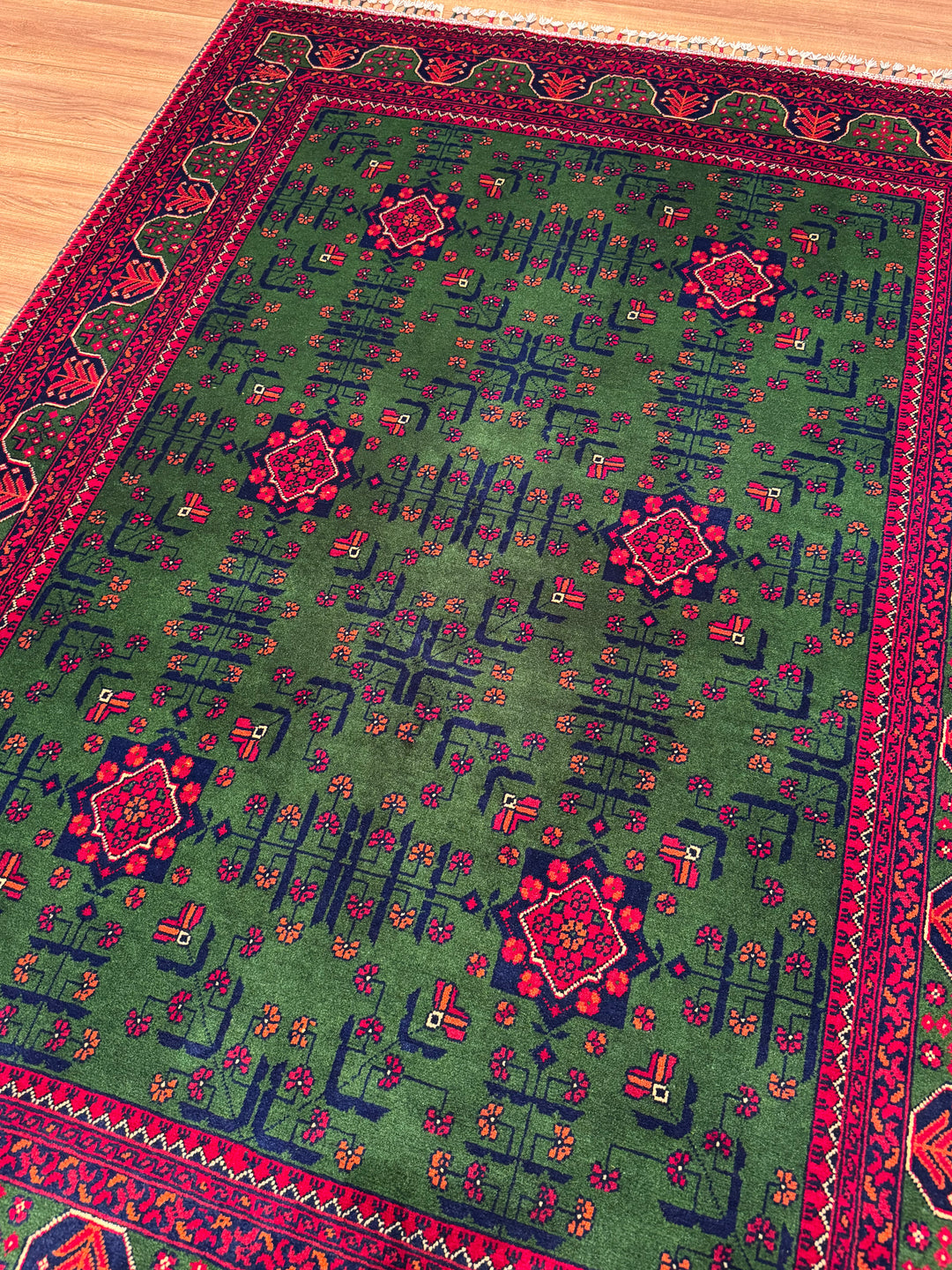 Afghan Carpet Green Hamyap Original Hand-Woven Vegetable Dyed Wool 148x201 2.97 Square Meters - 4x6 ft