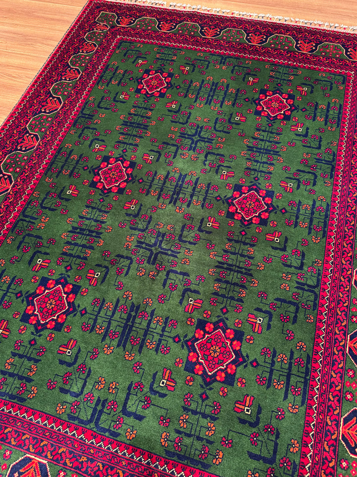 Afghan Carpet Green Hamyap Original Hand-Woven Vegetable Dyed Wool 148x201 2.97 Square Meters - 4x6 ft