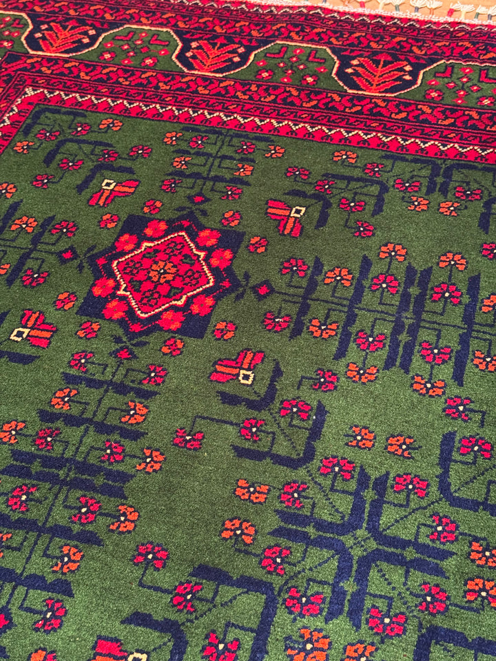 Afghan Carpet Green Hamyap Original Hand-Woven Vegetable Dyed Wool 148x201 2.97 Square Meters - 4x6 ft