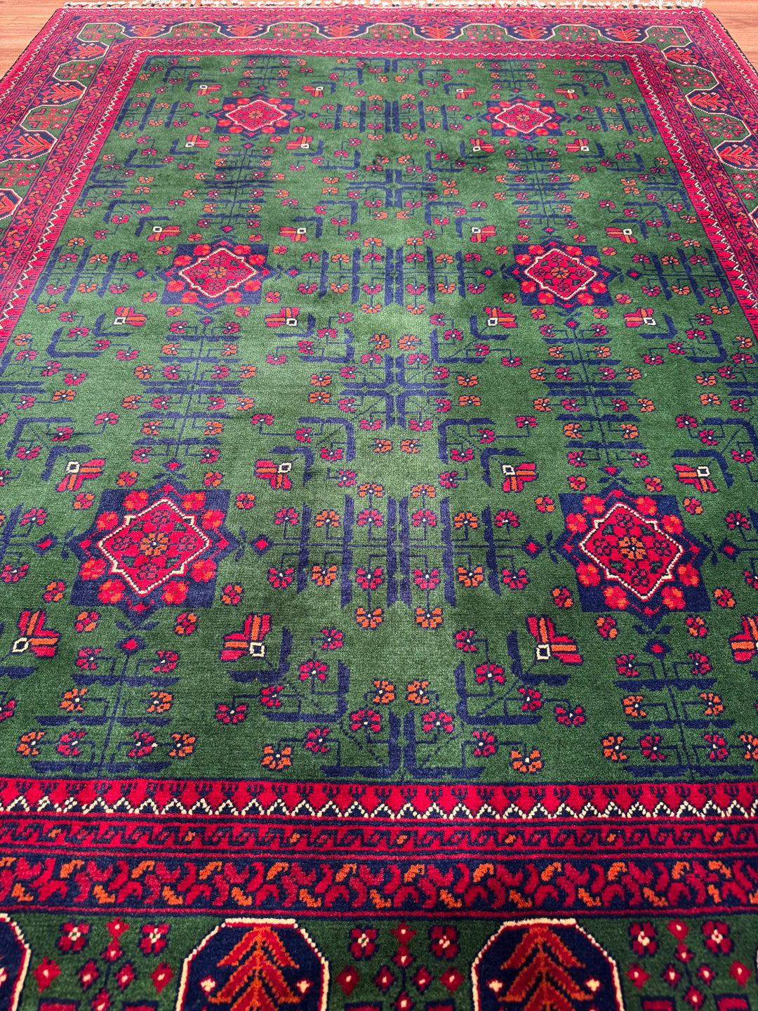 Afghan Carpet Green Hamyap Original Hand-Woven Vegetable Dyed Wool 148x201 2.97 Square Meters - 4x6 ft