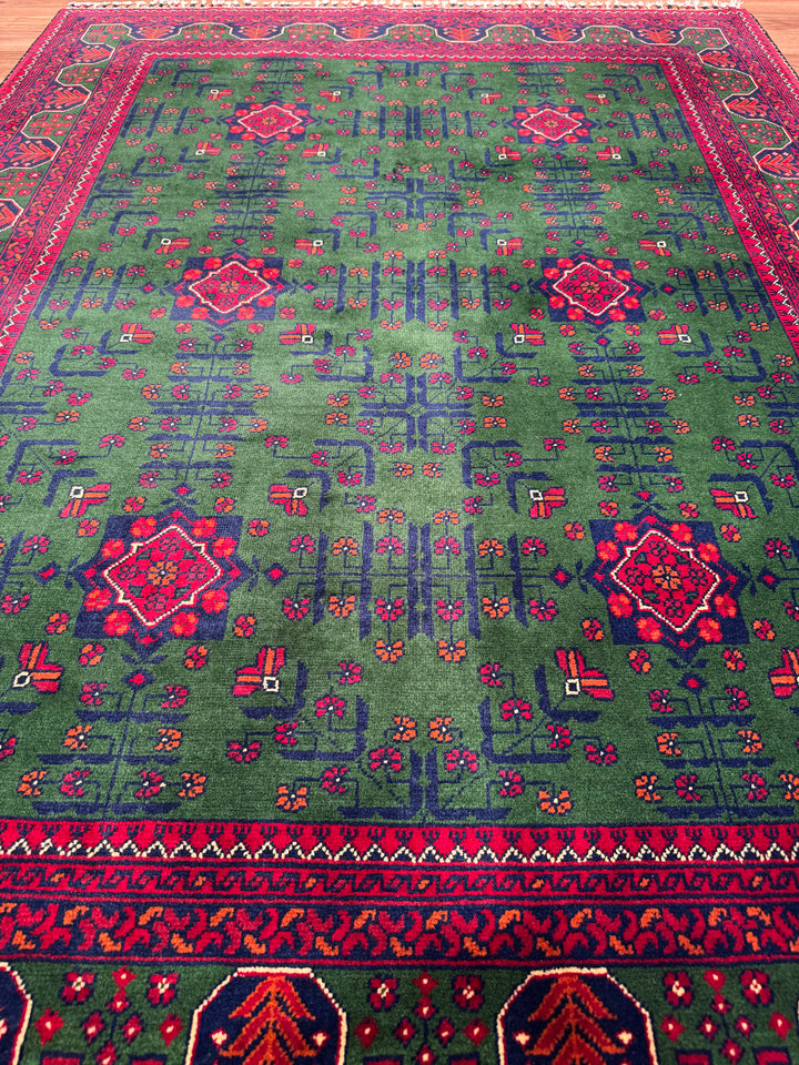 Afghan Carpet Green Hamyap Original Hand-Woven Vegetable Dyed Wool 148x201 2.97 Square Meters - 4x6 ft