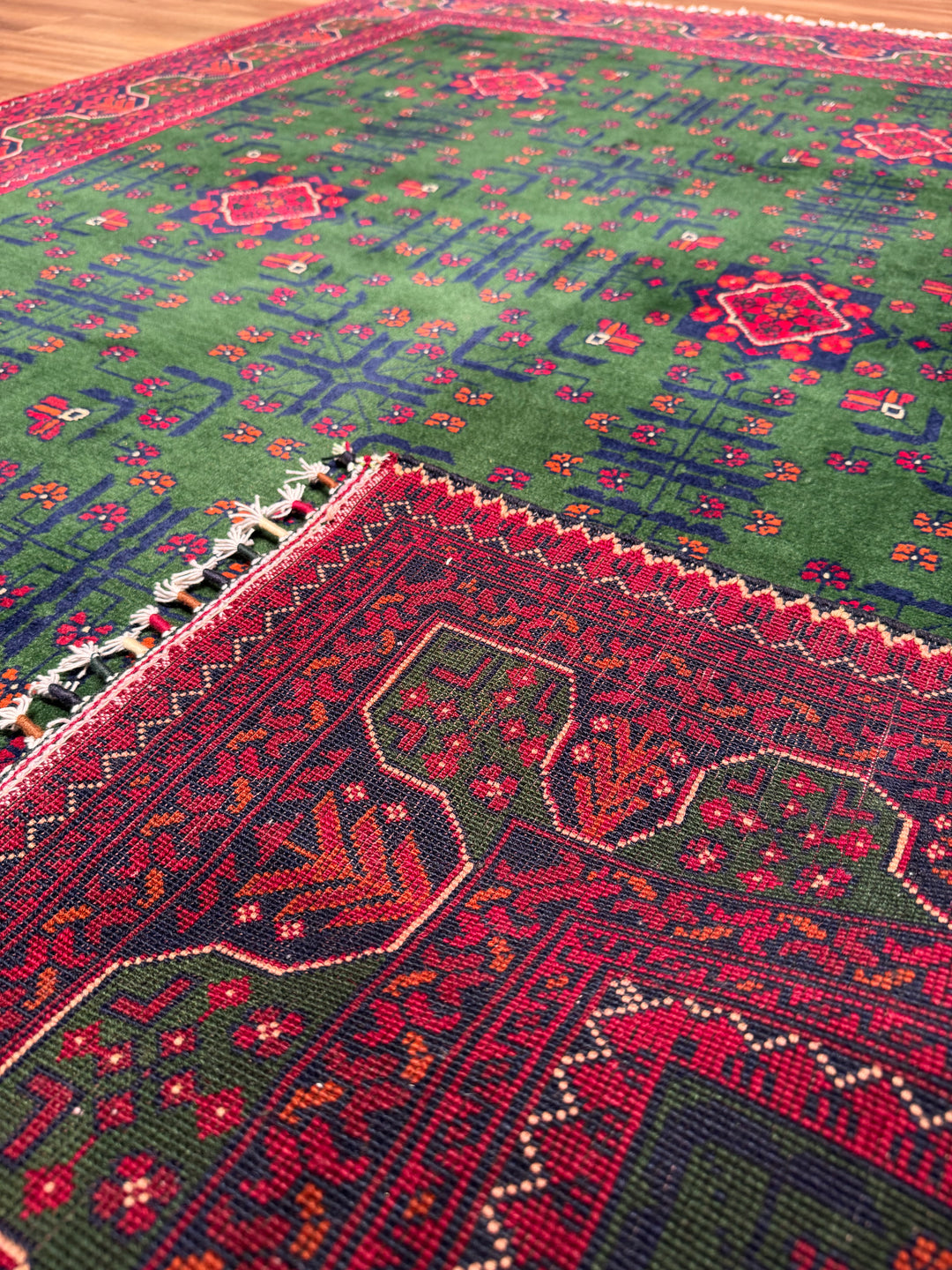 Afghan Carpet Green Hamyap Original Hand-Woven Vegetable Dyed Wool 148x201 2.97 Square Meters - 4x6 ft