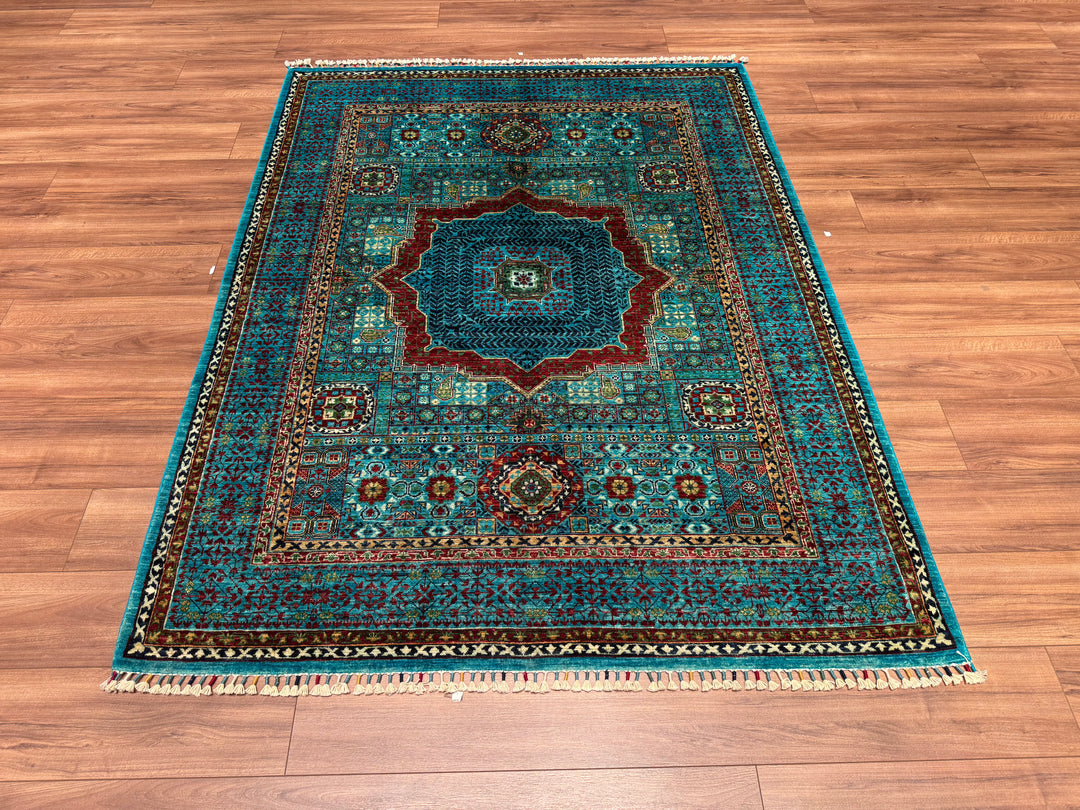 Mamluk Original Hand Woven Turquoise Vegetable Dyed Wool Carpet 158x207 3.27 Square Meters - 5x6 ft