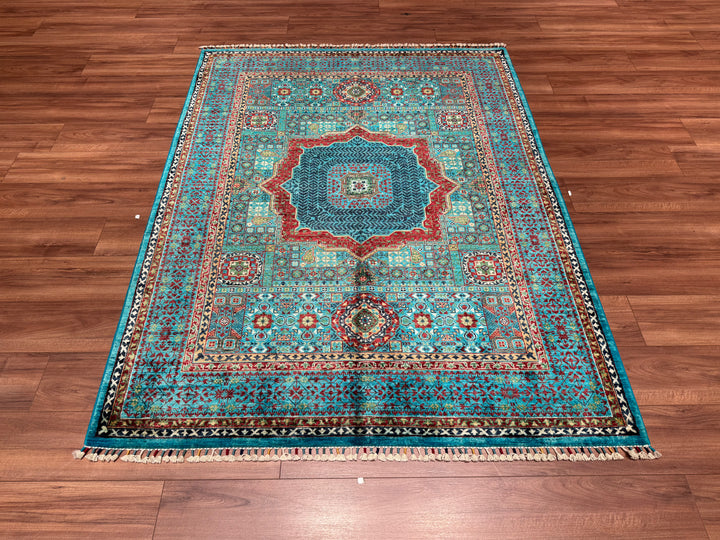 Mamluk Original Hand Woven Turquoise Vegetable Dyed Wool Carpet 158x207 3.27 Square Meters - 5x6 ft