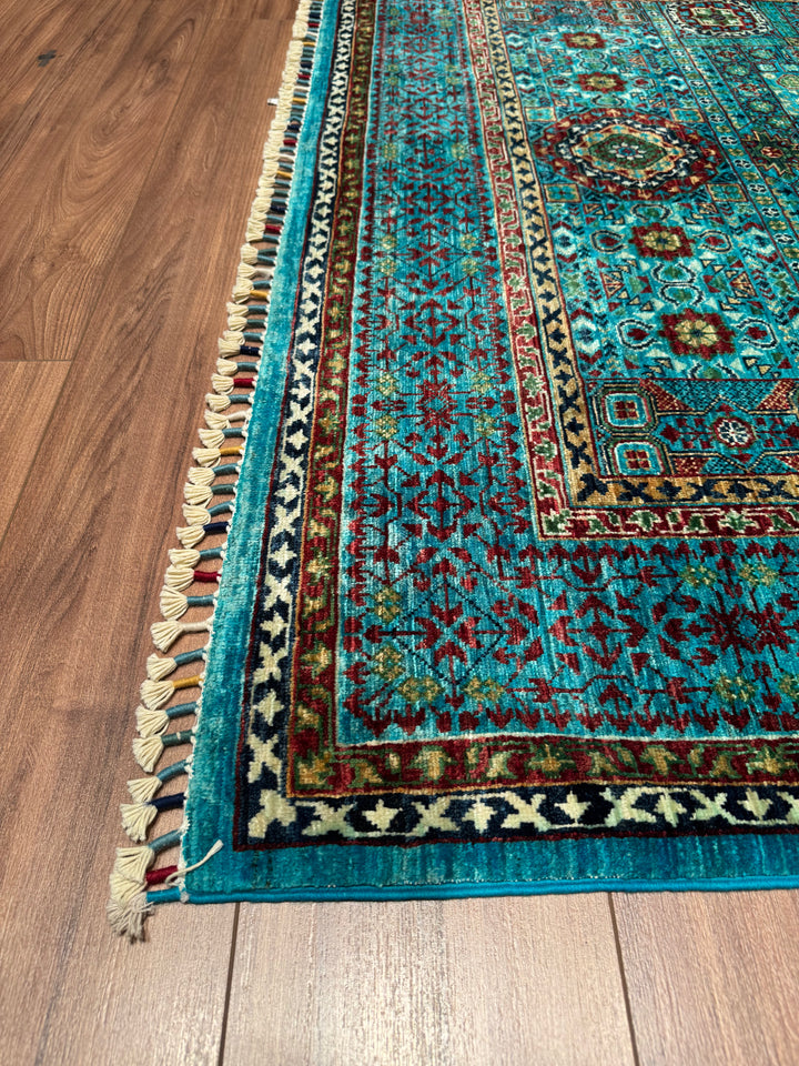 Mamluk Original Hand Woven Turquoise Vegetable Dyed Wool Carpet 158x207 3.27 Square Meters - 5x6 ft