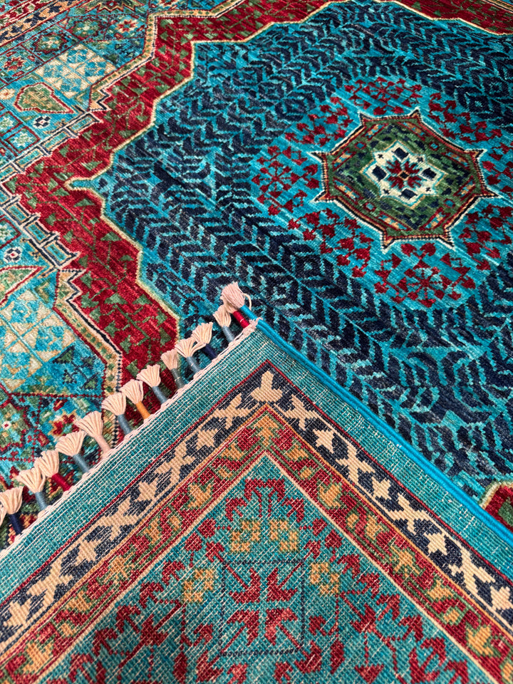 Mamluk Original Hand Woven Turquoise Vegetable Dyed Wool Carpet 158x207 3.27 Square Meters - 5x6 ft