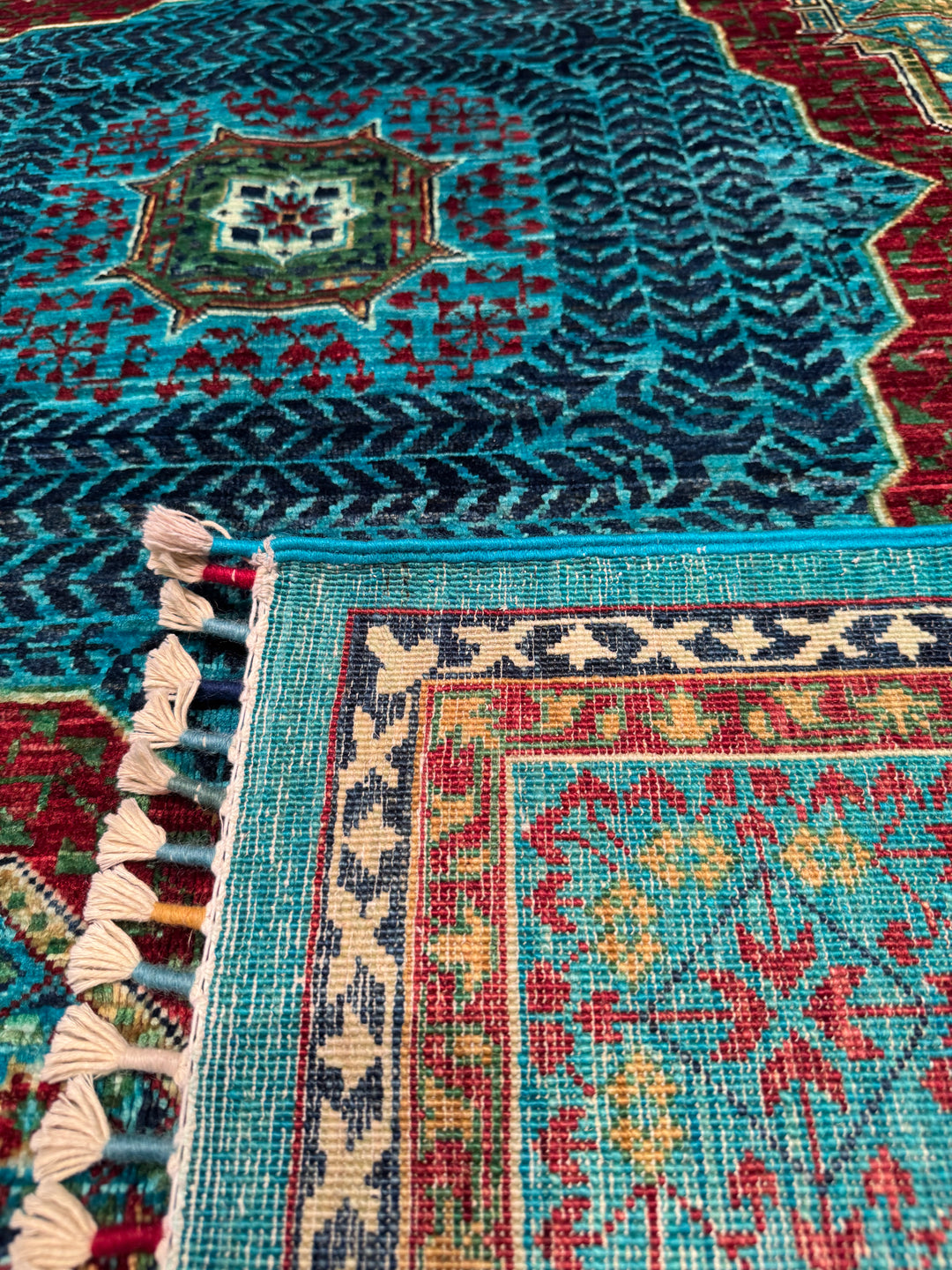 Mamluk Original Hand Woven Turquoise Vegetable Dyed Wool Carpet 158x207 3.27 Square Meters - 5x6 ft