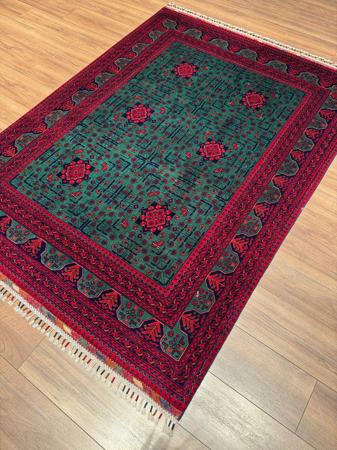 Afghan Carpet Green Hamyap Original Hand-Woven Vegetable Dyed Wool 149x201 2.99 Square Meters - 4x6 ft