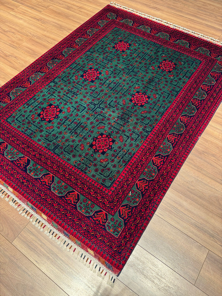 Afghan Carpet Green Hamyap Original Hand-Woven Vegetable Dyed Wool 149x201 2.99 Square Meters - 4x6 ft
