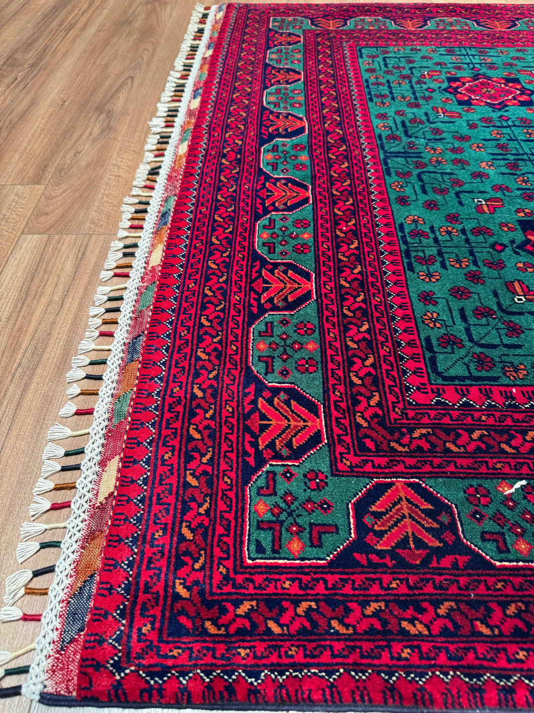 Afghan Carpet Green Hamyap Original Hand-Woven Vegetable Dyed Wool 149x201 2.99 Square Meters - 4x6 ft
