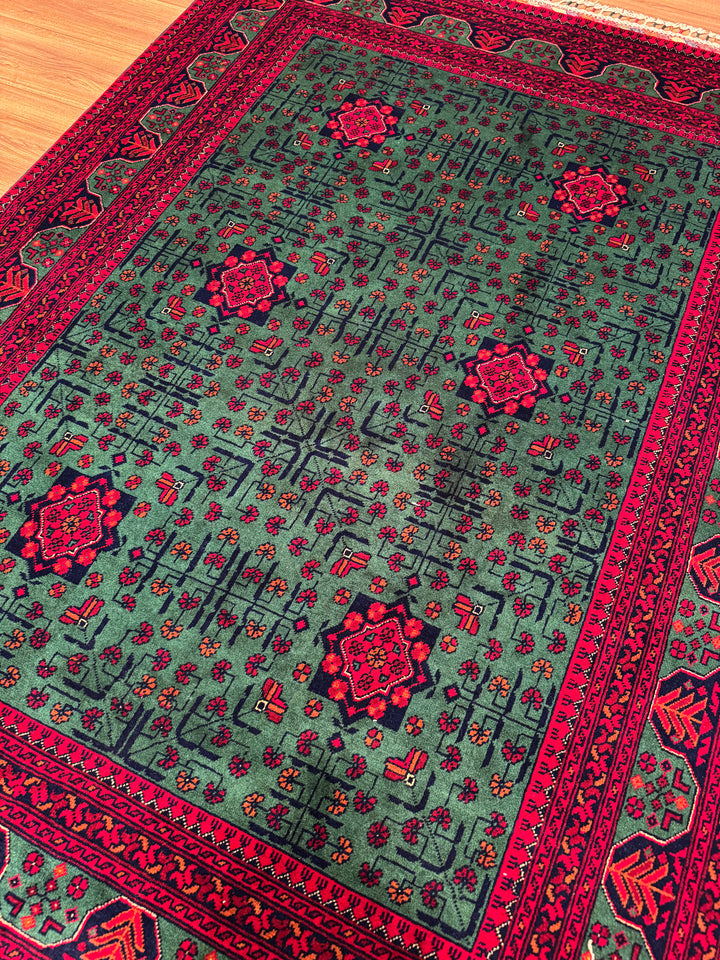 Afghan Carpet Green Hamyap Original Hand-Woven Vegetable Dyed Wool 149x201 2.99 Square Meters - 4x6 ft
