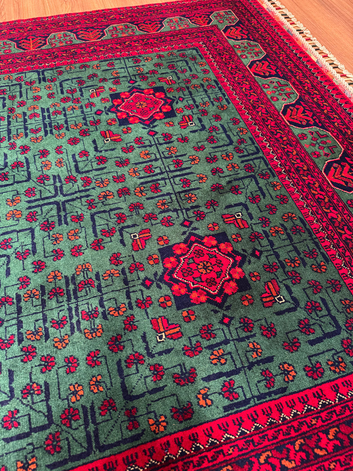 Afghan Carpet Green Hamyap Original Hand-Woven Vegetable Dyed Wool 149x201 2.99 Square Meters - 4x6 ft