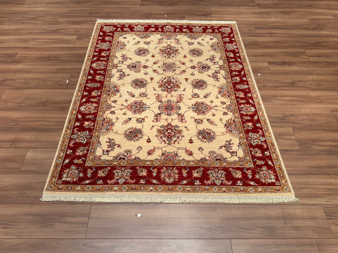 Uşak Original Hand Woven Beige Red Vegetable Dyed Wool Carpet 150x194 2.91 Square Meters - 5x6 ft