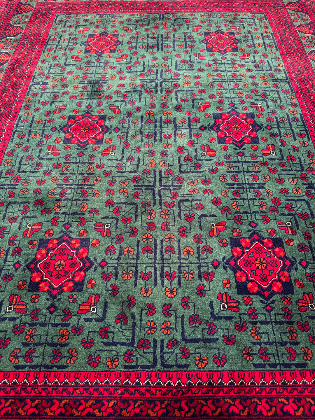 Afghan Carpet Green Hamyap Original Hand-Woven Vegetable Dyed Wool 149x201 2.99 Square Meters - 4x6 ft
