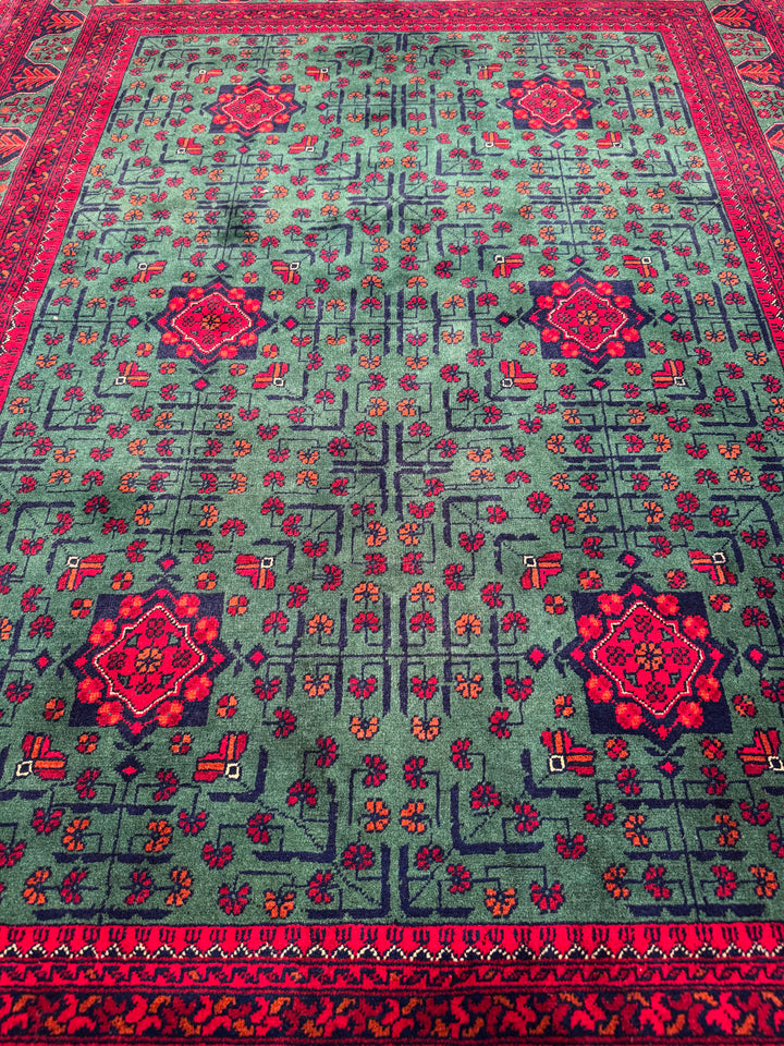 Afghan Carpet Green Hamyap Original Hand-Woven Vegetable Dyed Wool 149x201 2.99 Square Meters - 4x6 ft