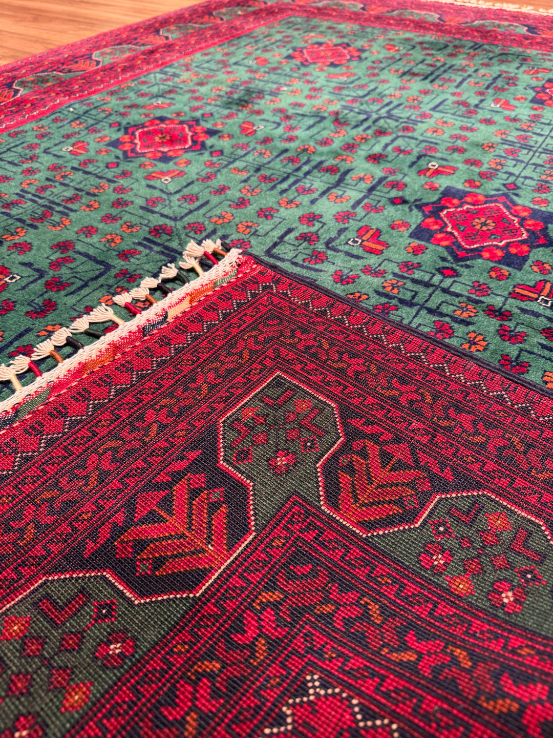 Afghan Carpet Green Hamyap Original Hand-Woven Vegetable Dyed Wool 149x201 2.99 Square Meters - 4x6 ft