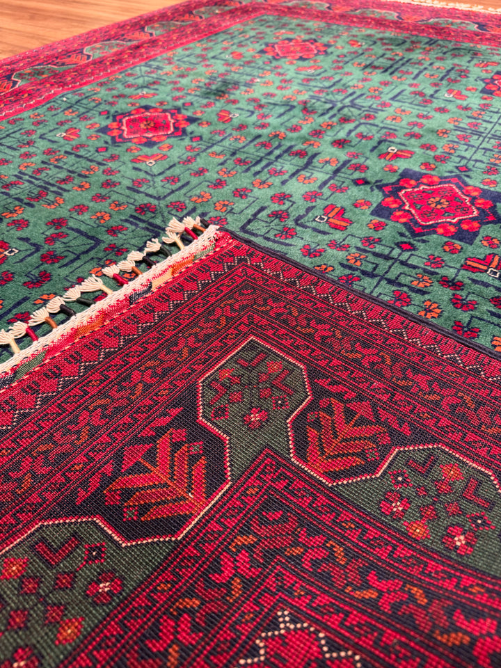 Afghan Carpet Green Hamyap Original Hand-Woven Vegetable Dyed Wool 149x201 2.99 Square Meters - 4x6 ft