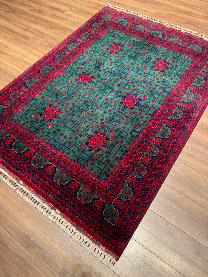 Afghan Carpet Green Hamyap Original Hand-Woven Vegetable Dyed Wool 149x201 2.99 Square Meters - 4x6 ft