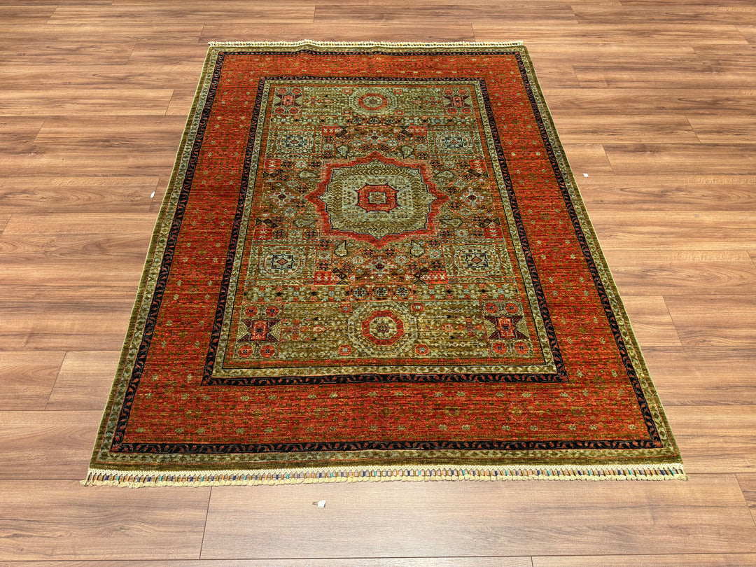 Mamluk Original Hand Woven Orange Green Vegetable Dyed Wool Carpet 157x205 3.22 Square Meters - 5x6 ft