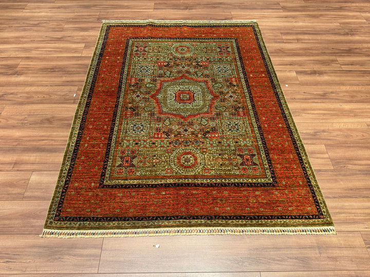 Mamluk Original Hand Woven Orange Green Vegetable Dyed Wool Carpet 157x205 3.22 Square Meters - 5x6 ft