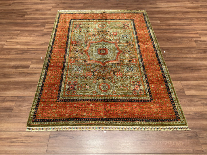 Mamluk Original Hand Woven Orange Green Vegetable Dyed Wool Carpet 157x205 3.22 Square Meters - 5x6 ft