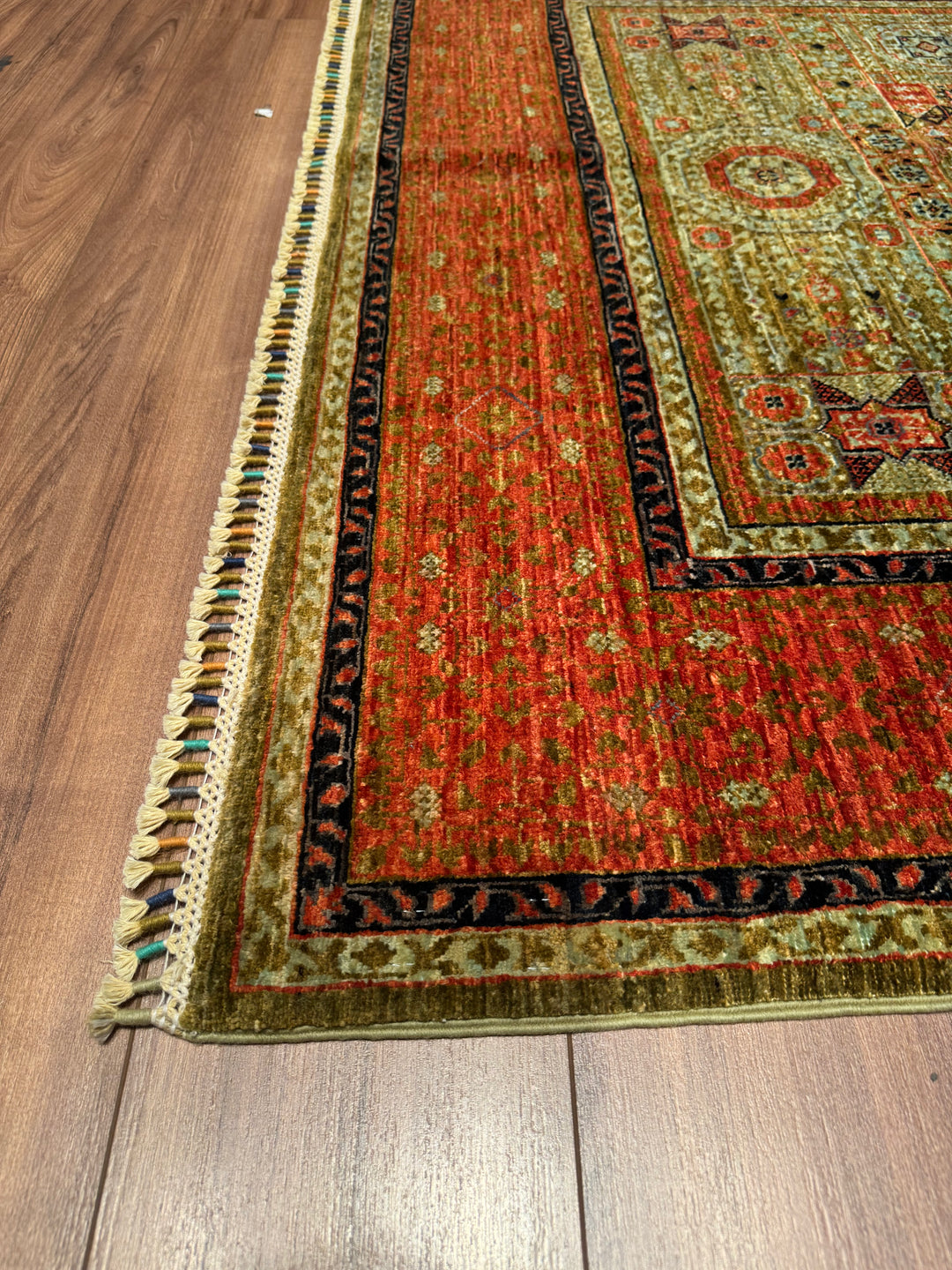 Mamluk Original Hand Woven Orange Green Vegetable Dyed Wool Carpet 157x205 3.22 Square Meters - 5x6 ft