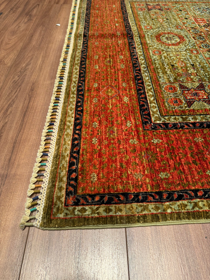 Mamluk Original Hand Woven Orange Green Vegetable Dyed Wool Carpet 157x205 3.22 Square Meters - 5x6 ft