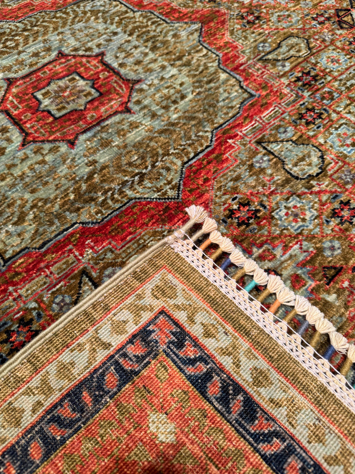 Mamluk Original Hand Woven Orange Green Vegetable Dyed Wool Carpet 157x205 3.22 Square Meters - 5x6 ft