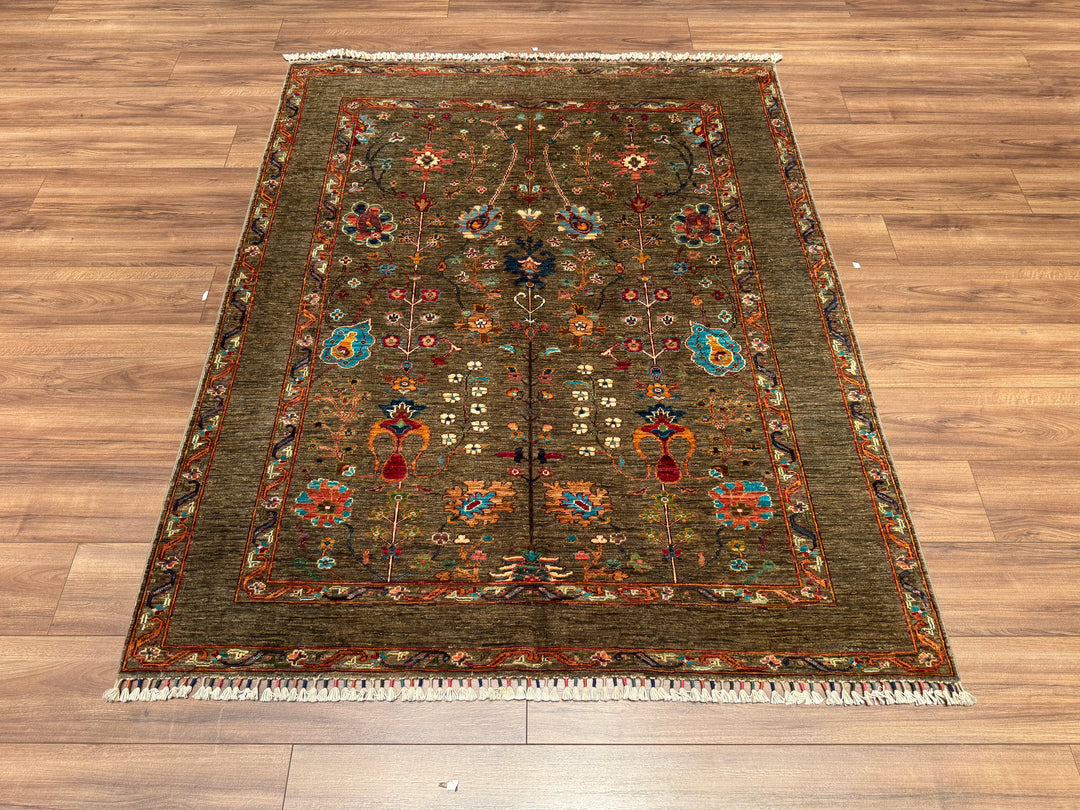 Sultani Binbirgece Orjinal El Dokuması Kahverengi Kök Boya Yün Halı 156x192 3 Metrekare - 5x6 ft