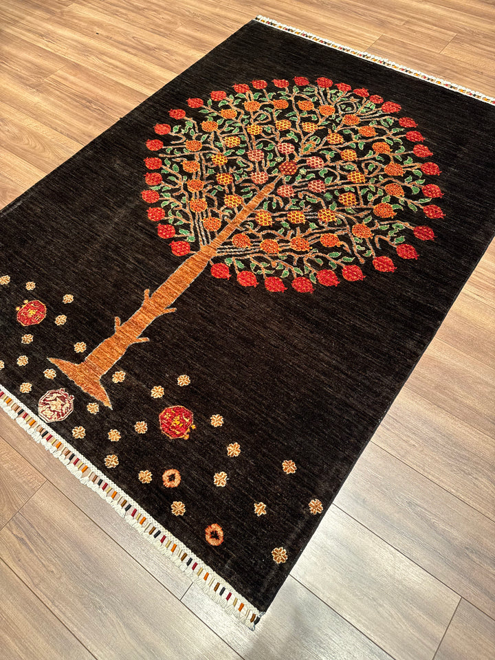 Sultani Pomegranate Tree Original Hand-Woven Black Vegetable Dyed Wool Carpet 148x197 2.92 Square Meters - 4x6 ft