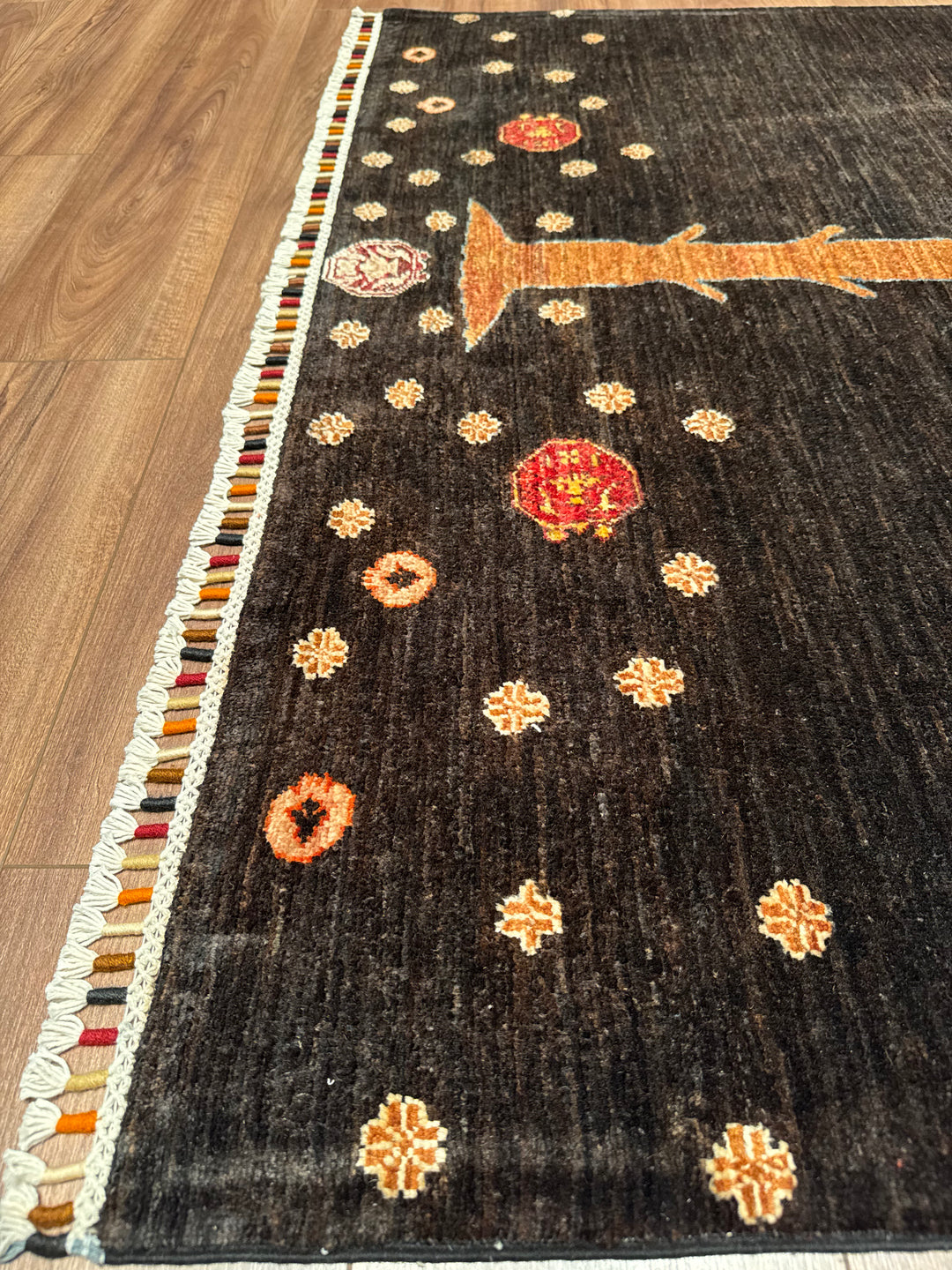 Sultani Pomegranate Tree Original Hand-Woven Black Vegetable Dyed Wool Carpet 148x197 2.92 Square Meters - 4x6 ft