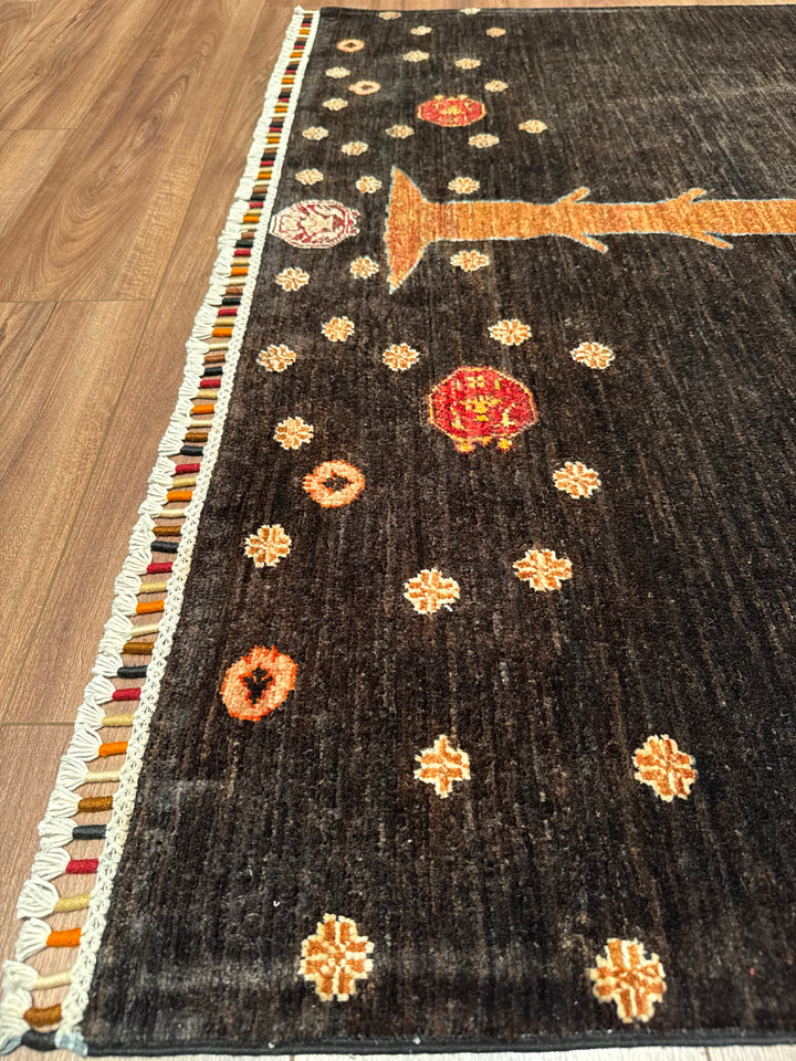 Sultani Pomegranate Tree Original Hand-Woven Black Vegetable Dyed Wool Carpet 148x197 2.92 Square Meters - 4x6 ft