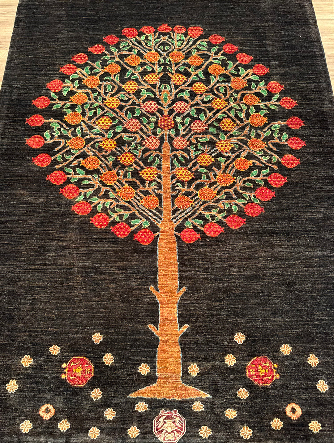 Sultani Pomegranate Tree Original Hand-Woven Black Vegetable Dyed Wool Carpet 148x197 2.92 Square Meters - 4x6 ft