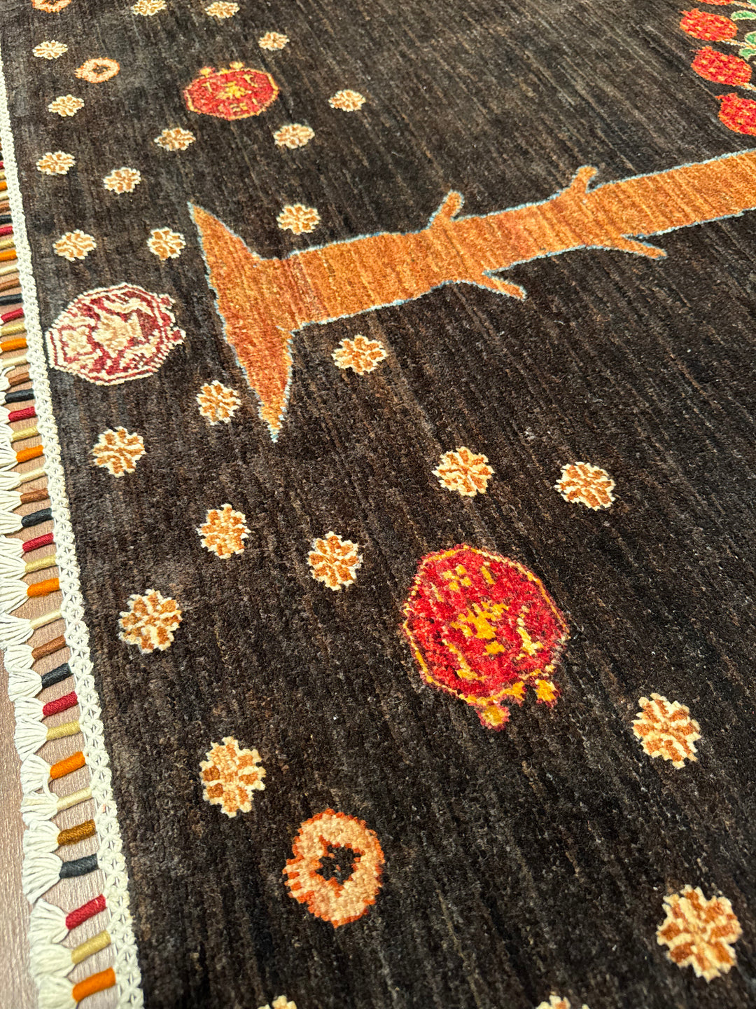 Sultani Pomegranate Tree Original Hand-Woven Black Vegetable Dyed Wool Carpet 148x197 2.92 Square Meters - 4x6 ft