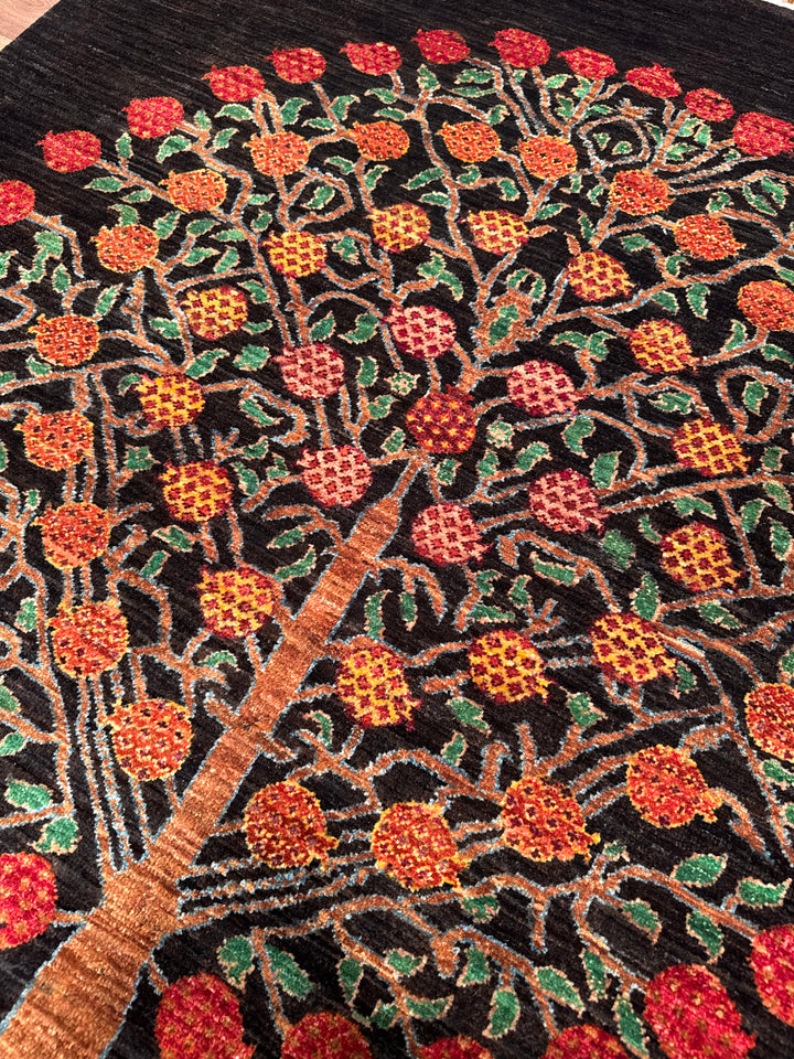 Sultani Pomegranate Tree Original Hand-Woven Black Vegetable Dyed Wool Carpet 148x197 2.92 Square Meters - 4x6 ft