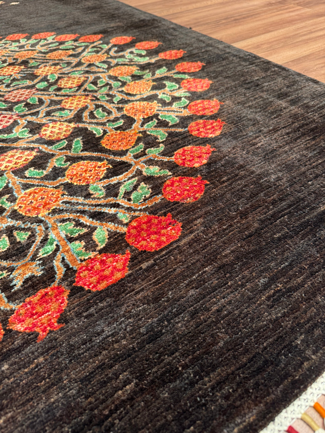Sultani Pomegranate Tree Original Hand-Woven Black Vegetable Dyed Wool Carpet 148x197 2.92 Square Meters - 4x6 ft